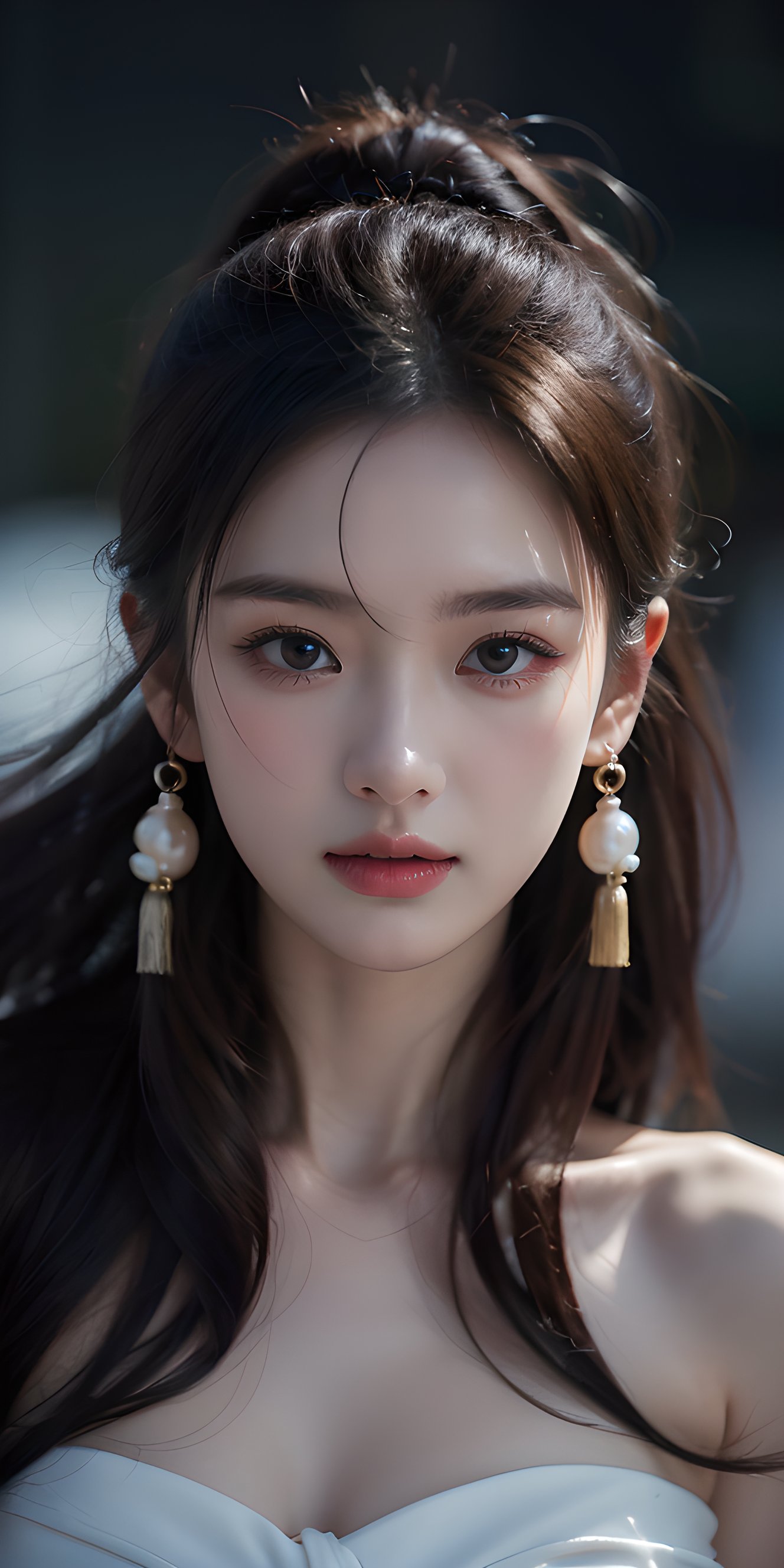 Realistic,Masterpiece,18 - year - old beautiful girl and monster,pearl - like eyes,extremely delicate facial depiction,heavy rain,crazy body movements,exaggerated perspective,poster,androgyny,fashion,dramatic lighting,strong tones,distortion style,32k UHD,chinese girls,(full_body:1.1),phone_screen, <lora:meinv123:0.5>