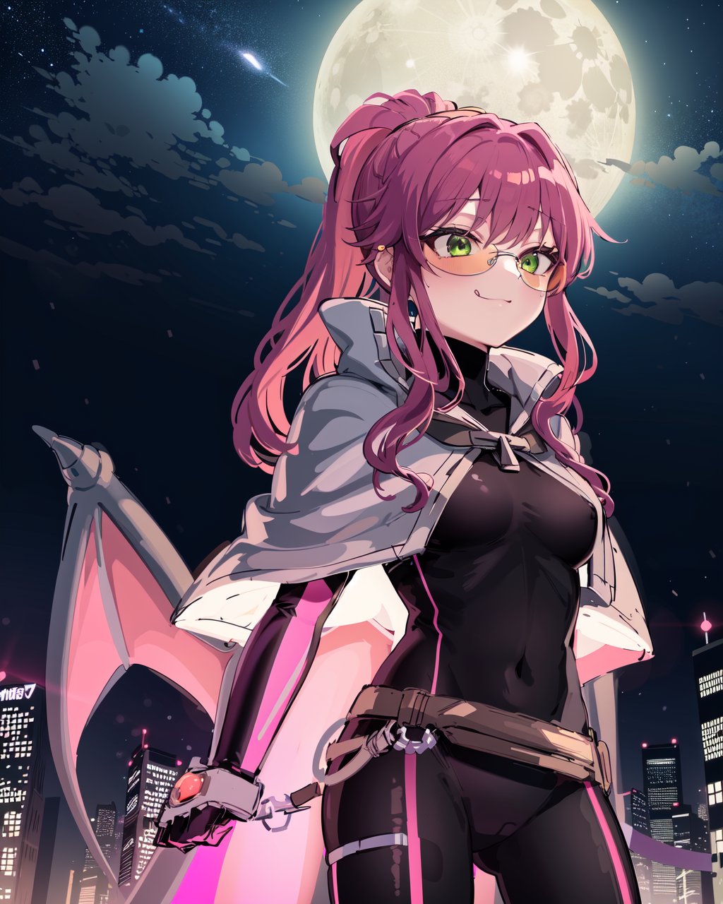 1girl, kisikilevil, pink hair, green eyes, long hair, ponytail, orange-tinted glasses, white capelet, black bodysuit, pink demon wings, white witch hat,outdoors, city, night sky, pink ambient lighting, cyberpunk, moon, smug, <lora:kisikilv2-000006:0.9>