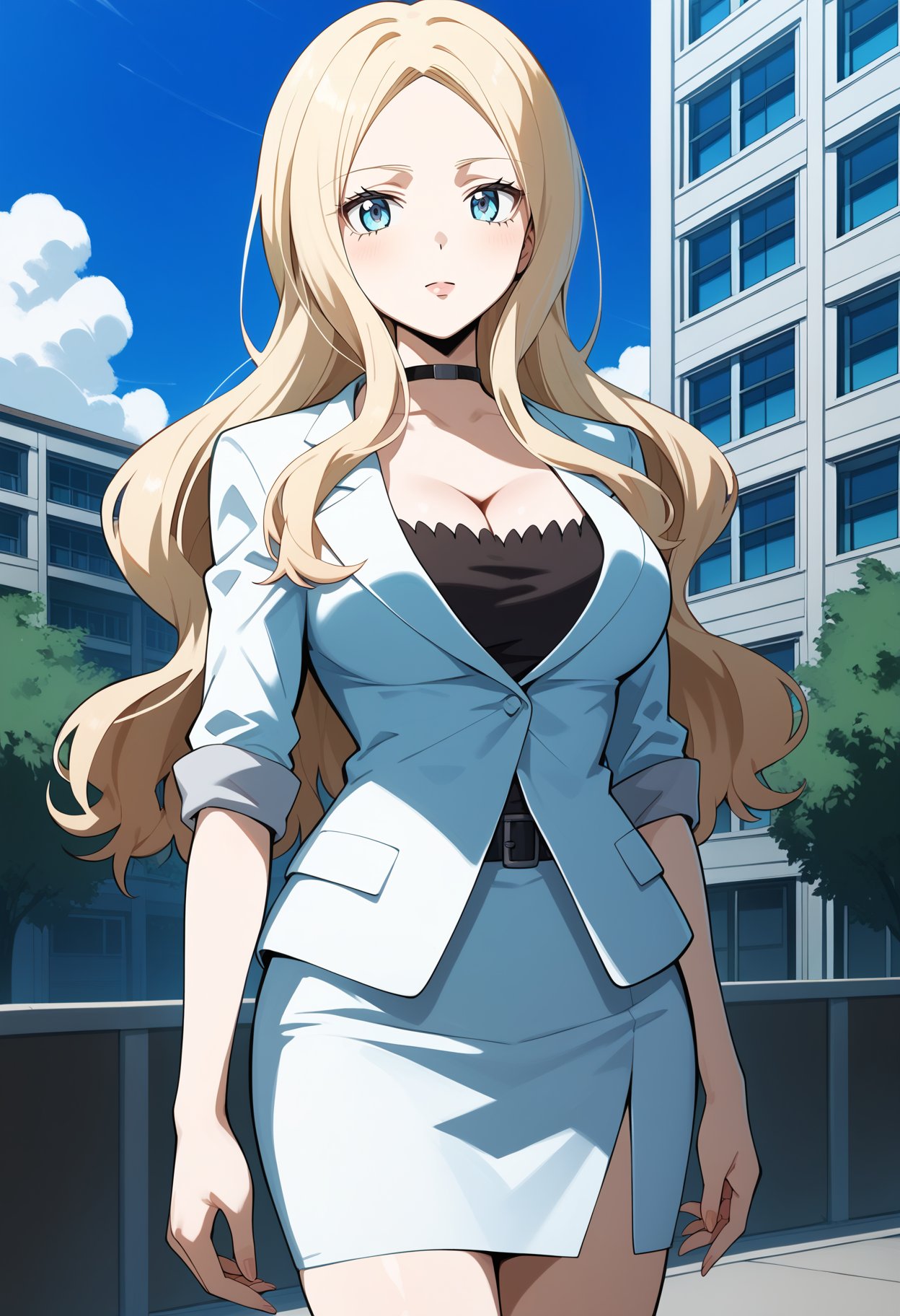 score_9, score_8_up, score_7_up, score_6_up, score_5_up, score_4_up, source_anime, aairina, long hair, parted bangs, blue eyes, breasts, choker, cleavage, suit, black shirt, white jacket, sleeves rolled up, white skirt, <lora:irina_jelavic_ponyxl_v1:0.9>, standing, cowboy shot, outdoors, looking at viewer, 