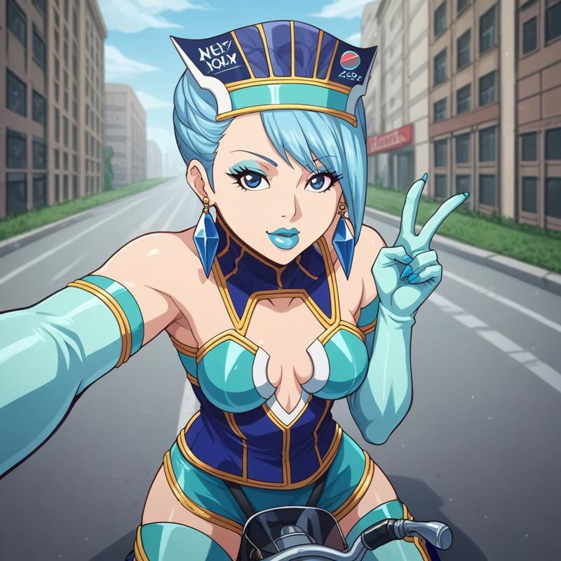 score_9, score_8_up, score_7_up, score_6_up, score_5_up, score_4_up BREAK, source_anime, bluerose, on motorcycle, thick thighs, legs 1girl, solo, crystal earrings, blue hair, jewelry, elbow gloves, lipstick, blue eyes, makeup, thigh boots, high heels, short hair, medium breasts, hat, v, bare shoulders, solo, motorcycle, city, billboard, house, lamppost, selfie, cellphone, sitting on motorcycle,    <lora:bluerose-000005:1>  