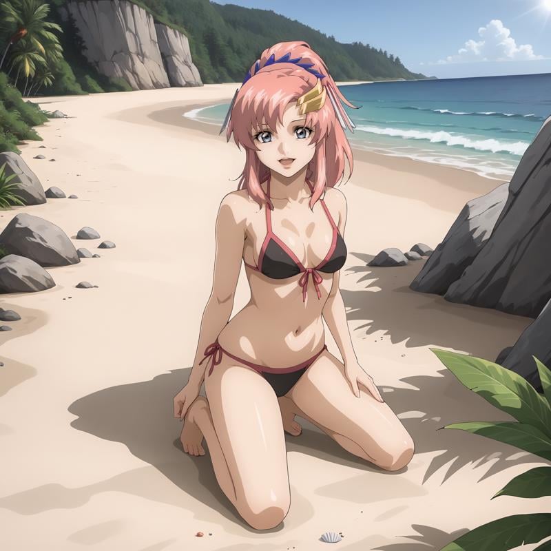 <lora:LacusClyneXLpony002>,looking at viewer,smile,open mouth,solo,LacusClyne,1girl,pink hair,ponytail,blue eyes,hair ornament,outdoors,nature,full body,bikini,ocean,beach,sunshine,