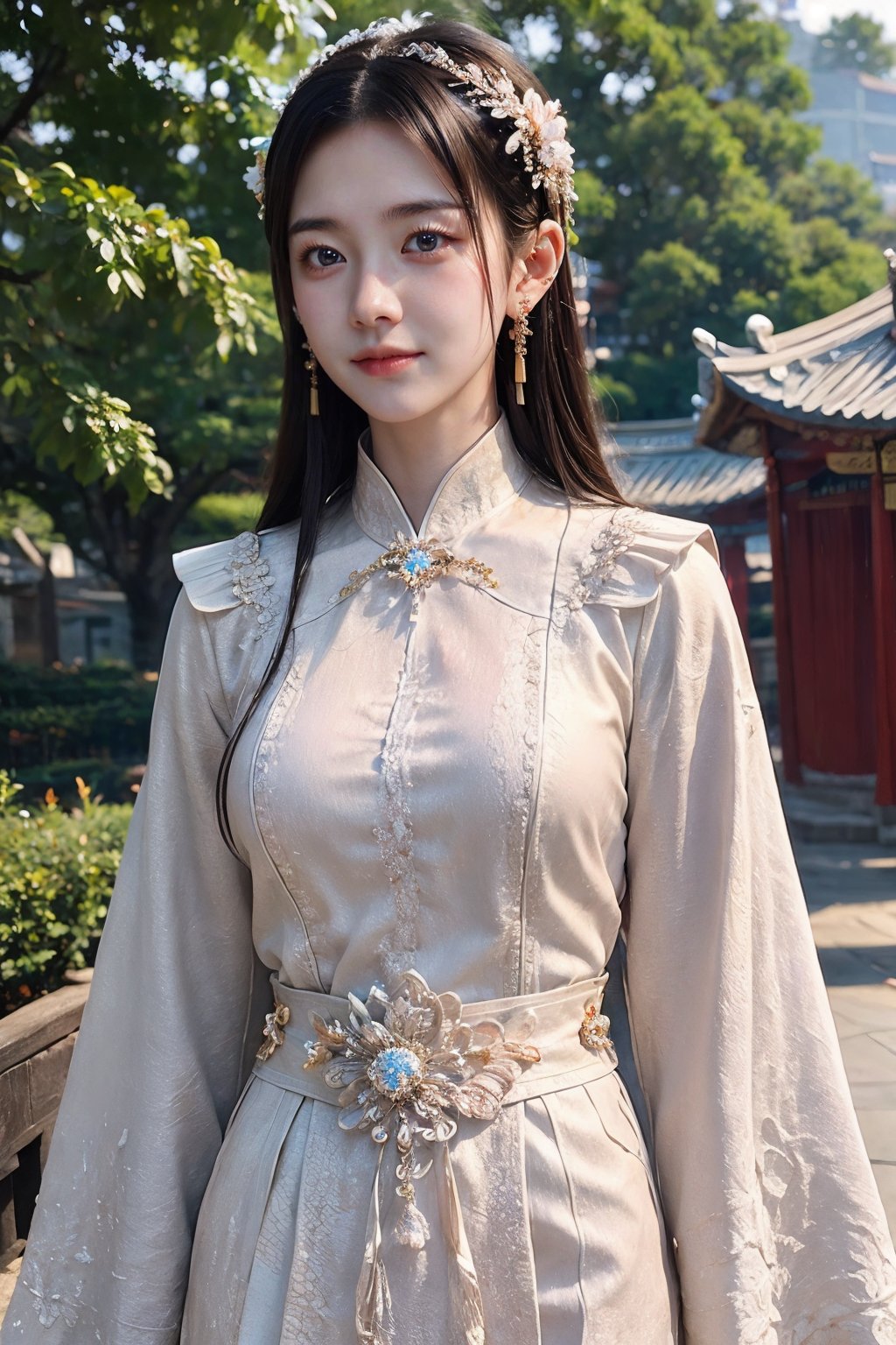 CAFC,1girl,solo,long hair,white clothes,earrings,jewelry,hair accessories,upper body,suburban scenery,east asian,chinese style architecture,