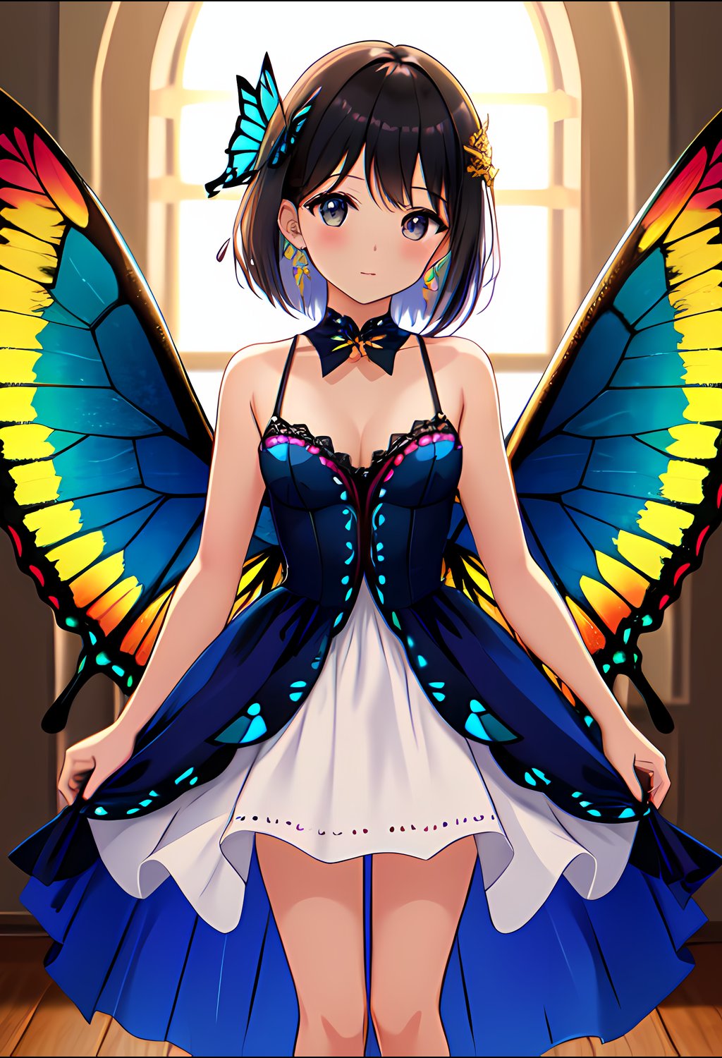 solo, girl, looking at viewer, half body, view from knees up, standing, standing straight, girl in full view, best quality, masterpiece, close up, small breasts, butterfly, dress, wings, wings attached to shoulders, hands behind back, hands hidden, <lora:Butterfly_clothing:1>