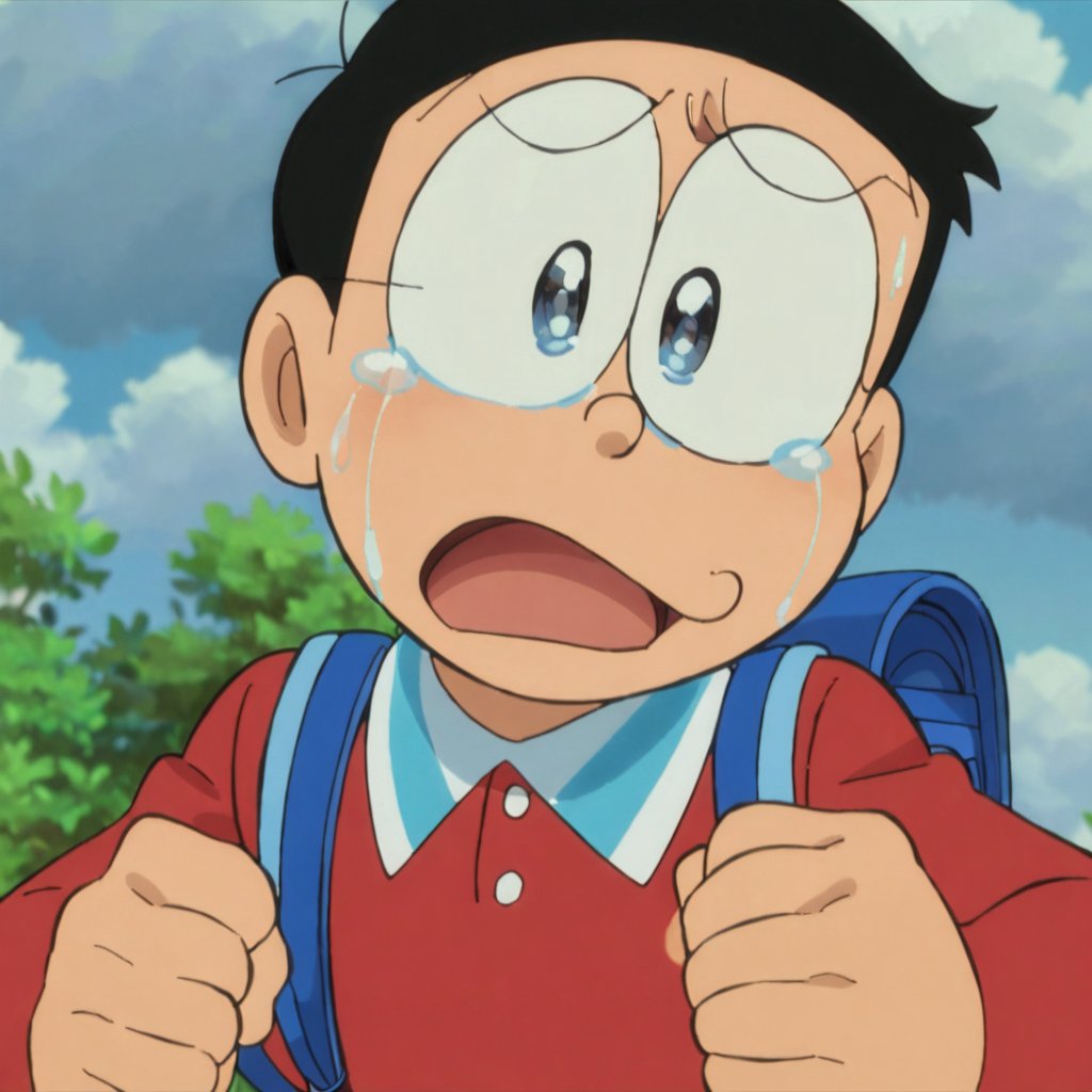 nobi nobita, 1boy, male focus, solo, black hair, sky, cloud, open mouth, tears, backpack, blue sky, crying, day, upper body, black eyes, bag, red shirt, parody, shirt, outdoors, tearing up, masterpiece, best quality,<lora:minamoto shizuka and nobita anim:1>