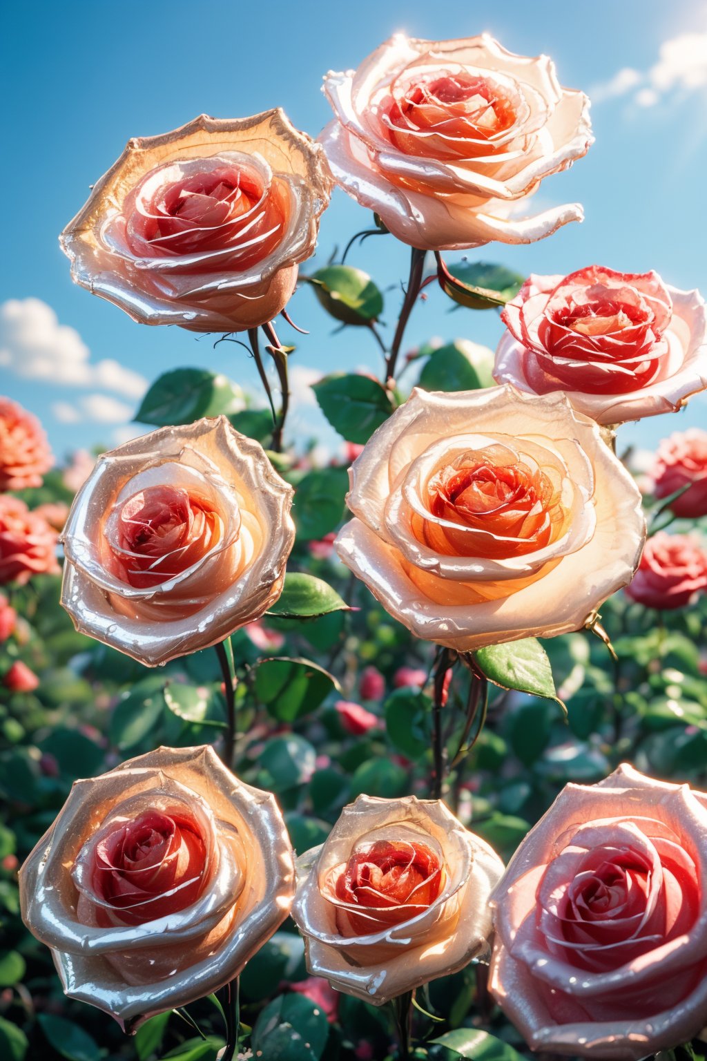 photorealistic, realistic, no humans, flower, blurry, orange flower, still life, depth of field, outdoors, blurry background, day, sky, red flower, blue sky, cloud, leaf, scenery, rose, (transparent rose:1.4)