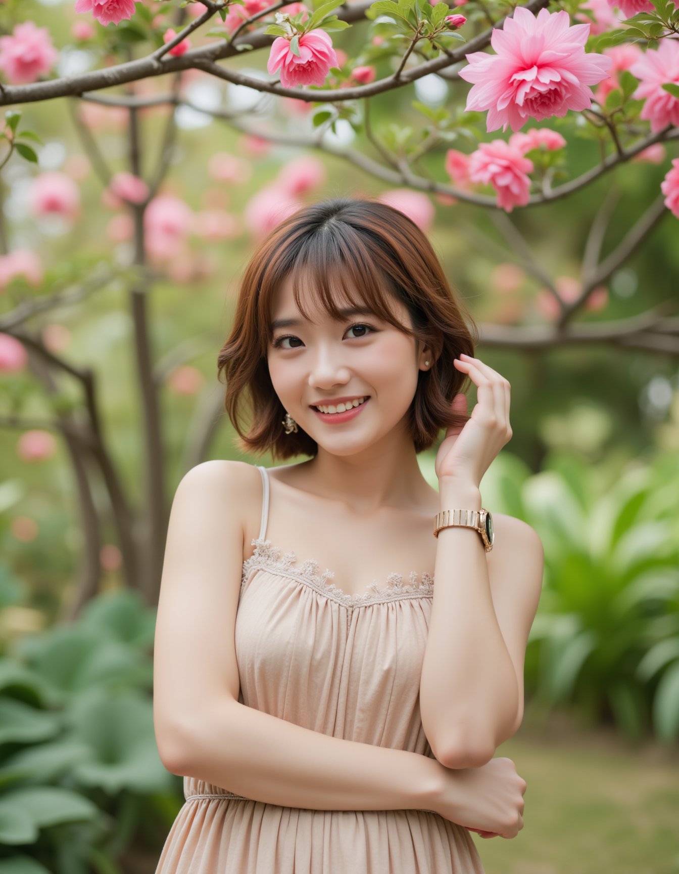 A high-quality photograph of a young woman standing in a vibrant garden, smiling brightly. She has short, wavy brown hair that catches the light, and she is wearing a light-colored, flowing dress with a subtle floral pattern. Her right hand is gently lifted to touch her hair, revealing a delicate wristwatch that adds a touch of elegance to her look. The backdrop is filled with lush greenery and vibrant pink flowers that frame the scene beautifully, creating a romantic and serene atmosphere. The soft lighting enhances the dreamy quality of the scene, while the sharp focus on the woman emphasizes her joyful expression and graceful pose. The overall mood is one of relaxation and happiness, with the vibrant garden and her radiant smile perfectly capturing the essence of a peaceful, carefree moment