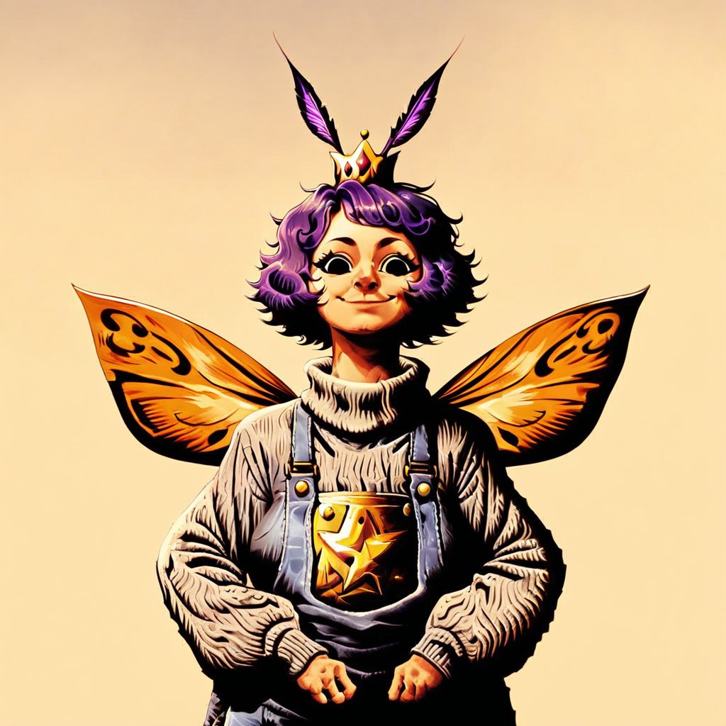 score_9, score_8_up, headshot portrait, mothgirl, moth antennae, four arms, fur trim, gold crown, oversized sweater, grey cardigan, overalls, white star pattern, short curly hair, purple hair, big wide black eyes, smiling, looking at viewer, moth wings, (mature:0.8), lineless