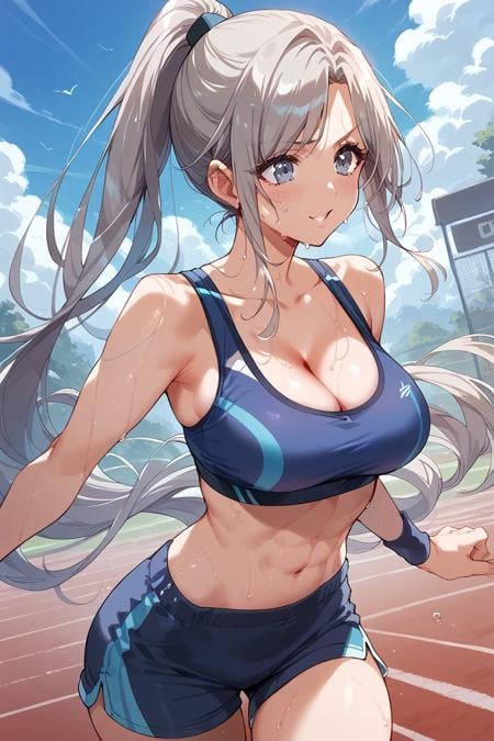 score_9, score_8_up, score_7_up, score_6_up, 1girl, <lora:Niijima_Ibuki:0.9> ibuki, long hair, ponytail, breasts, cleavage, sport bra, abs, tight shorts, sweaty,