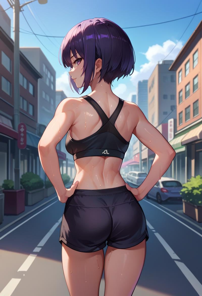 score_9, score_8_up, score_7_up, source_anime, from behind, solo, 1girl, motoko2045, sweat, seductive smile, looking back, hands on own hips, purple eyes, black sports bra, black shorts, short shorts, ass, outdoors, city street <lora:ghostintheshell_kusanagi_ponyXL-2045:1>