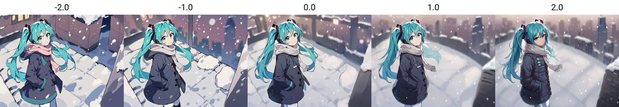 score_9, score_8_up, score_7_up, score_6_up, score_5_up, score_4_up, rating_safe, source_anime, 1girl, hatsune miku, cyan hair, cyan eyes, twintails, long hair, jacket, coat, from side, looking at viewer, looking up, looking away, winter, outdoors, snow, night, starry sky, winter clothes, winter coat, scarf, light smile, white thighhighs, standing, reaching out, thigh boots, hand in pocket, snowing, cityscape, skyscraper, cowboy shot, depth of field, from above, foreshortening, footprints<lora:Pony_DetailV2.0:-2.0>