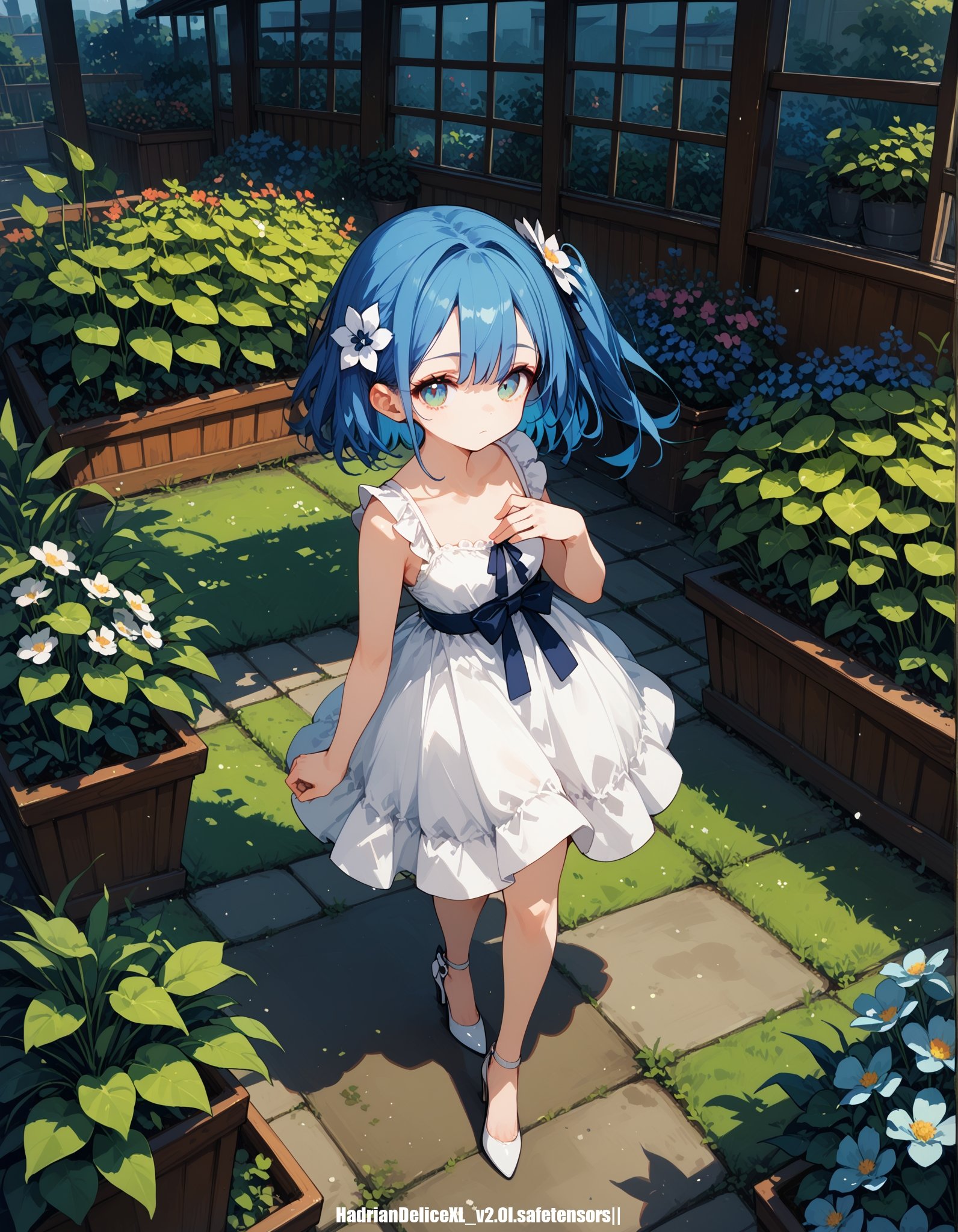 score_10,score_9_up,score_8_up,score_7_up,score_6_up, hadrian, from above,fish eye,standing on one leg, 1 girl,garden,surrounded by flowers,sundress,blue hair,hair flower,hair pin,hand on own chest,big bow,looking at viewer,closed mouth,expressionless,one side up,high heels, toe cleavage,