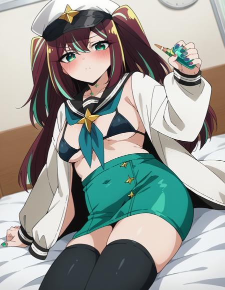 score_9, score_8_up, score_7_up, source_anime,matamaakoya, <lora:matama-akoya-ponyxl-lora-nochekaiser:1>matama akoya, long hair, brown hair, green eyes, multicolored hair, aqua eyes, two side up, streaked hair,skirt, thighhighs, long sleeves, hat, jacket, swimsuit, bikini, open clothes, black thighhighs, sailor collar, star \(symbol\), nail polish, neckerchief, black bikini, white headwear, bikini top only, white jacket, green skirt, pencil skirt, green pencil skirt, covered navel,indoors, bed, bed room, on side, blush, drunk,looking at viewer, dutch angle, cowboy shot