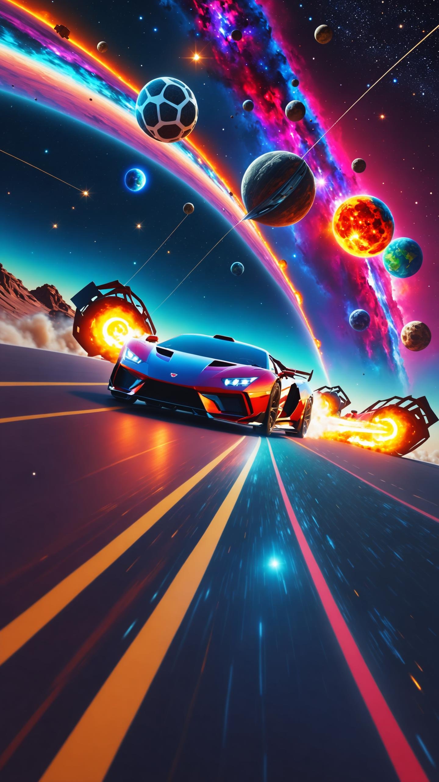 (masterpiece, best quality), high resolution, (8k resolution), (ultra detailed), The picture shows a car trail suspended in the starry sky, Two racing cars racing towards the camera, Super sports car, Plasma engine, Colorful planets and nebulae in the background, hyper realistic, more details, low saturation, realism, Phototexture