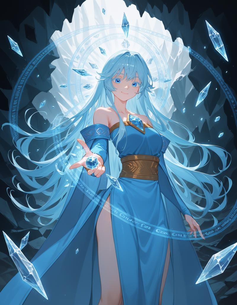 (score_9, score_8_up, score_7_up), animeBREAKelfaria_olis, 1girl, solo, light blue hair, long hair, colored eyelashes, blue eyes, chest jewel, off-shoulder dress, yellow sash, side cape, bridal gauntlets, pelvic curtain, cowboy shot, looking at viewer, smile, closed mouth, cryokinesis, casting spell, magic circle, hand upBREAKcave, ice, ice crystal, ice shard, ice flower, aura, magic, rock<lora:elfaria_Wistoria_ponyxl_v1_char:1>