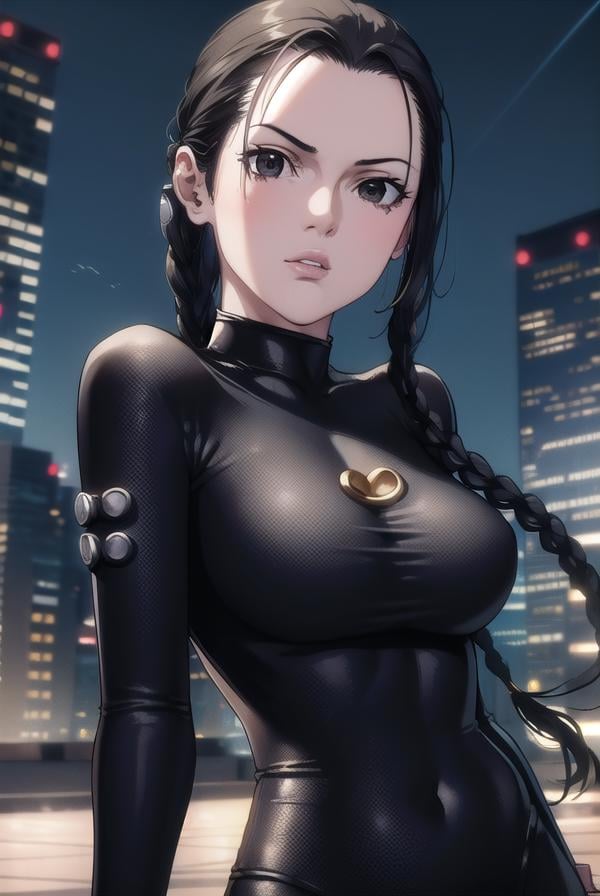 seisakuraoka, <lora:sei sakuraoka manga-lora-nochekaiser:1>,sei sakuraoka, braid, black hair, (black eyes:1.5), single braid,BREAK bodysuit, black bodysuitBREAK outdoors, city, night, sky, starry sky, moon,BREAK looking at viewer, (cowboy shot:1.5),BREAK <lyco:GoodHands-beta2:1>, (masterpiece:1.2), best quality, high resolution, unity 8k wallpaper, (illustration:0.8), (beautiful detailed eyes:1.6), extremely detailed face, perfect lighting, extremely detailed CG, (perfect hands, perfect anatomy),