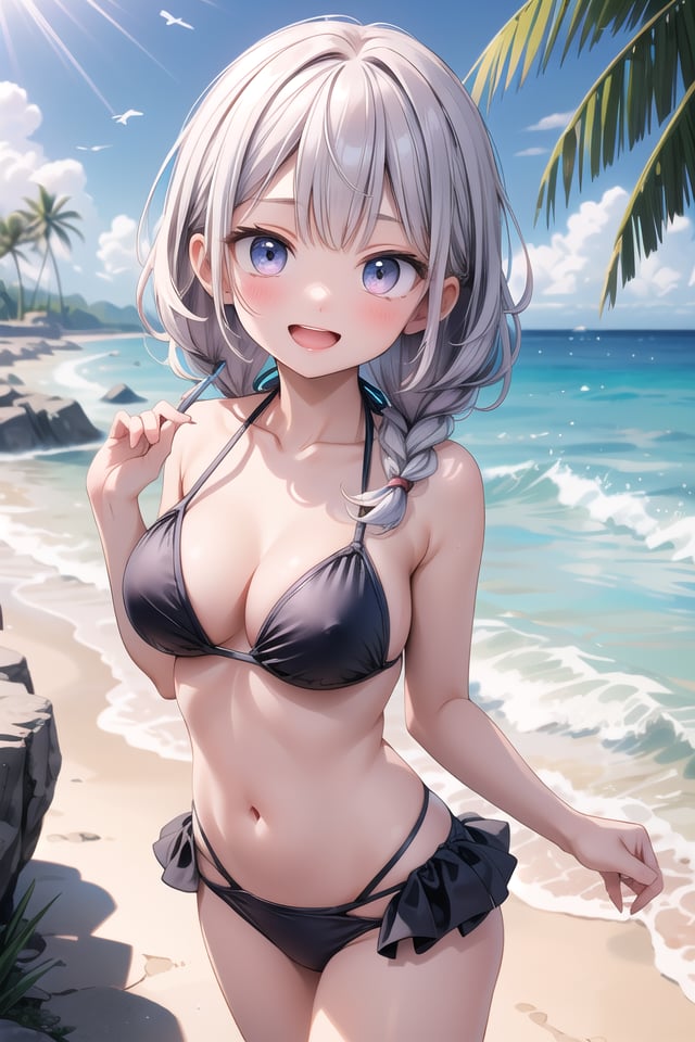 insanely detailed, absurdres, ultra-highres, ultra-detailed, best quality,1girl, solo, nice hands, perfect handsBREAK(pastel colored bikini:1.3)BREAKhappy smile, laugh, open mouth,standing, seductive pose, cowboy shotBREAKslender, kawaii, perfect symmetrical face, ultra cute girl, ultra cute face, ultra detailed eyes, ultra detailed hair, ultra cute, ultra beautifulBREAK(at seashore, seaside, coast, beach, tropical, sky, blue ocean:1.2), depth of field, ultra detailed background, (very wide, panorama view, sense of depth, magnificent view:1.3)BREAKmedium large breasts, , extremely detailed navelBREAKrainbow color hair, multiple color hair, rainbow color eyes, goddess braids,