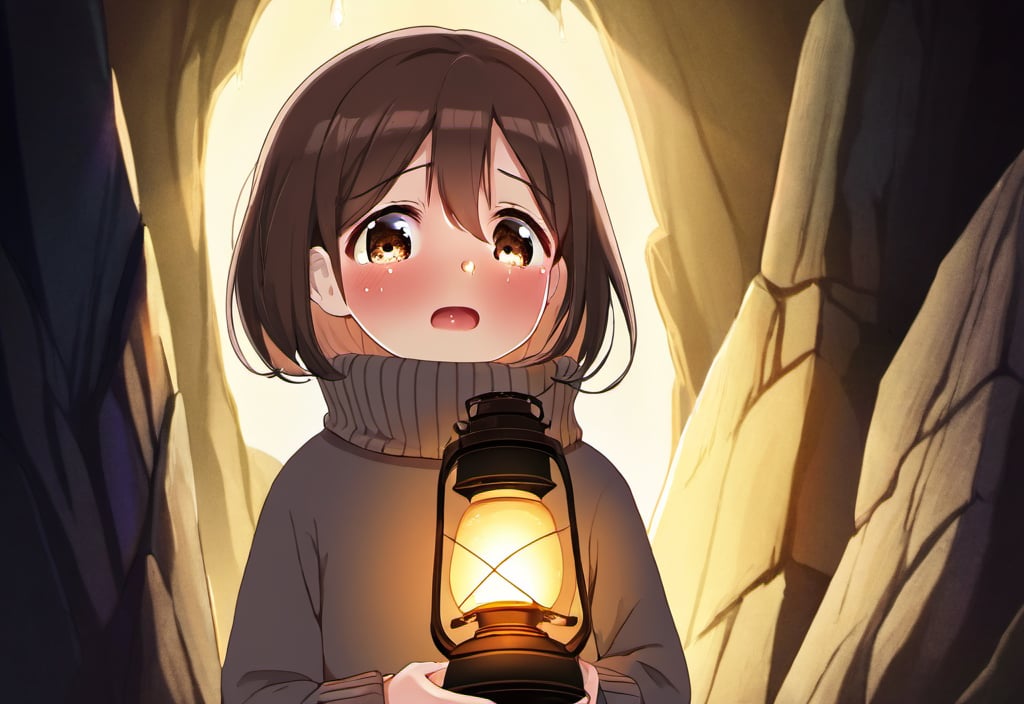 a young girl, who is holding a lighted lantern in her hand. She appears to be crying or making a sad face while holding the lantern. The scene takes place in a dark environment, possibly a cave, it's possible the girl got lost in the cave and couldn't find a way out, depth of field, cinematic compositions, best lighting, 1girl, solo, brown hair, sweater, (tears:1.8), (crying:1.8), brown eyes, blush stickers, turtleneck, short hair, ((tears in her eyes))