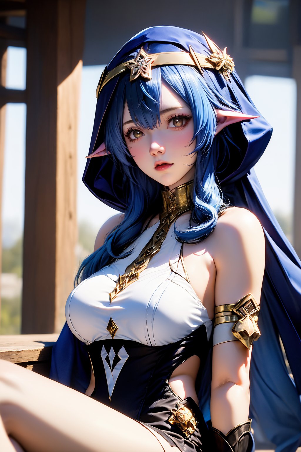 1girl, solo, layla \(genshin impact\), claw ring, breasts, gloves, long hair, blue hair, black gloves, pointy ears, blue hood, looking at viewer, sidelocks, sitting, thighlet, bare shoulders,