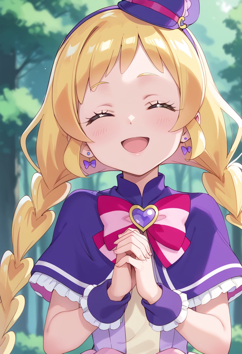 score_9, score_8_up, score_7_up, source_anime, BREAKcure friendy, 1girl, blonde hair, solo, open mouth, smile, closed eyes, twin braids, earrings, blush stickers, own hands together, :d, wrist cuffs, upper body, witch hat, purple capelet, facing viewer, capelet, eyebrows visible through hair, tree, frills, blurry background, purple headwear, outdoors, hands up, short sleeves, frilled sleeves, bangs, bowtie, top hat, purple bow, blue headwear, happy, shiny hair, multicolored neckwear, mini witch hat, blush, ^ ^, forest, hair bow, pink bow, low twintails, nature, pink neckwear, headband, day, purple shirt, own hands clasped, blue bow, depth of field, looking at viewer, anime coloring, very long hair, dot nose, hair ornament, striped bow, frilled capelet, eyelashes, hair ribbon, heart earrings, palms together, ^o^, purple hairband, short hair, purple dress, hat ornament, brooch, tilted headwear, straight-on, bow earrings, pouch, multicolored clothes, multicolored bow, deerstalker<lora:cure_friendy_inukai_iroha_sdxl_locon_pony_v1:0.7>