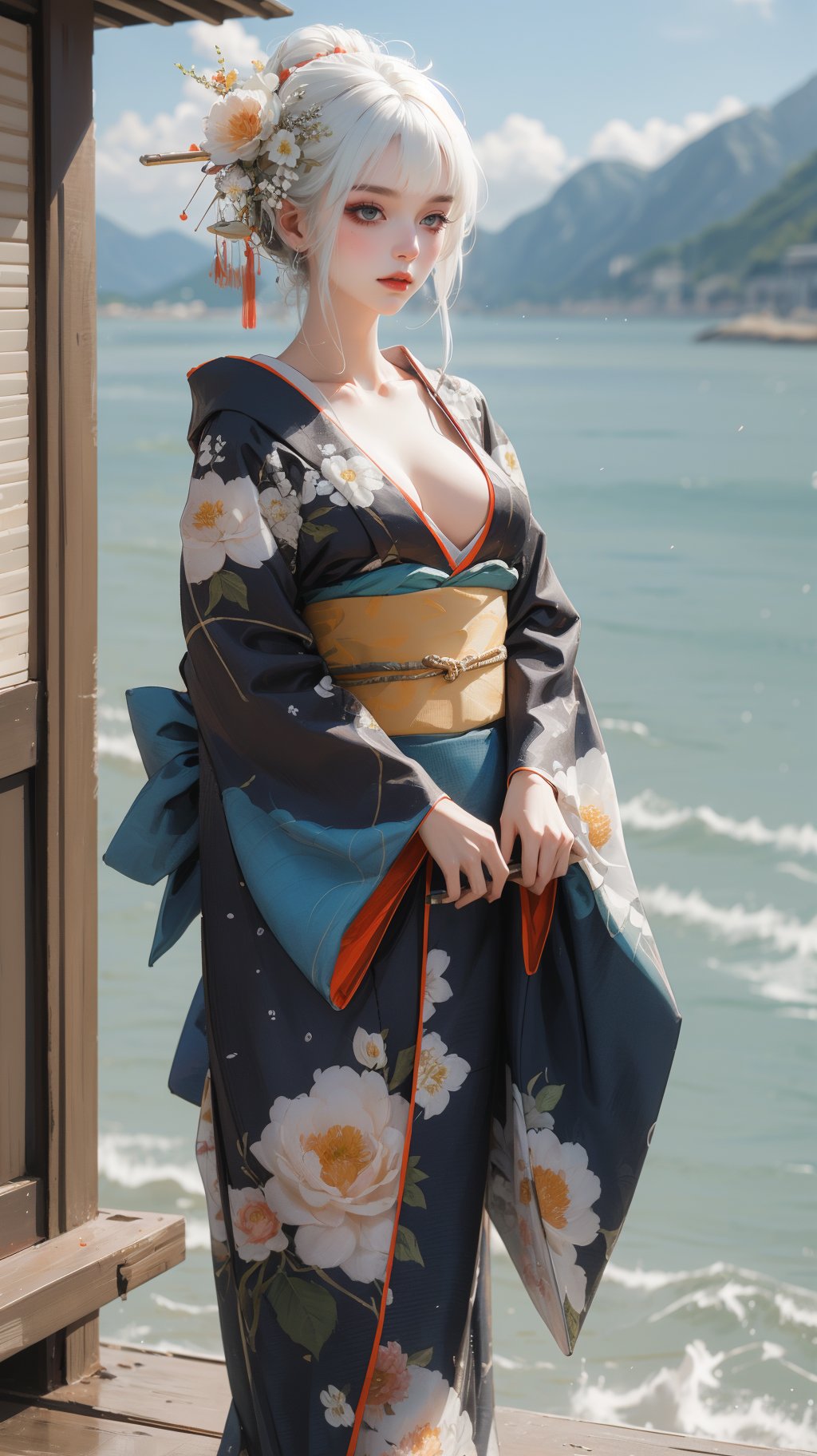 1girl,kimono,full body,hair flower,bangs,solo,cleavage,over the sea,white hair,<lora:麻袋2024-030和服权重0.6-0.9:0.7>,, masterpiece,best quality,ultra-detailed,