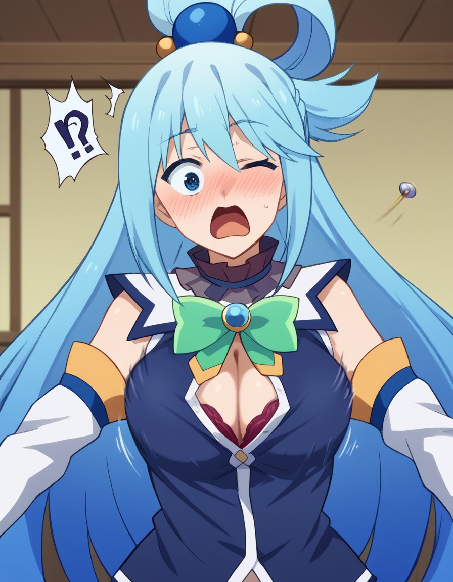 score_9, score_8_up, score_7_up, source_anime, konosubaaqua, <lora:konosuba-aqua-s2-ponyxl-lora-nochekaiser:1>, aqua (konosuba), long hair, blue eyes, hair ornament, very long hair, blue hair, hair rings, single hair ring, hair bobbles,, <lora:flying-button-ponyxl-lora-nochekaiser:1>, flying button, popped button, bursting breasts, wardrobe malfunction, button gap, bra peek, surprised, motion blur, shirt, cleavage, motion lines, ?!,, indoors, blush, open mouth, one eye closed,, cowboy shot, dutch angle,