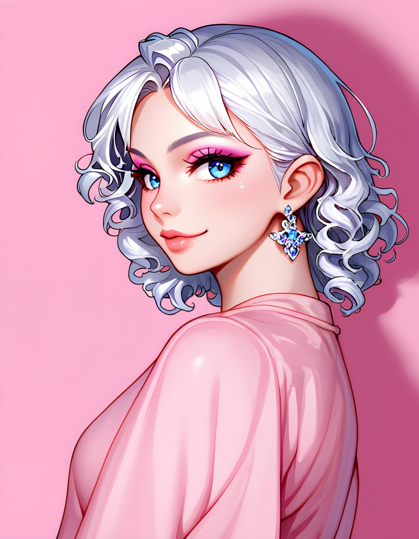 1girl, looking at viewer, smile, short hair, blue eyes, simple background, shirt, closed mouth, jewelry, upper body, white hair, earrings, from side, looking to the side, eyelashes, lips, makeup, pink background, eyeshadow, pink shirt, curly hair, pink lips, mascara,