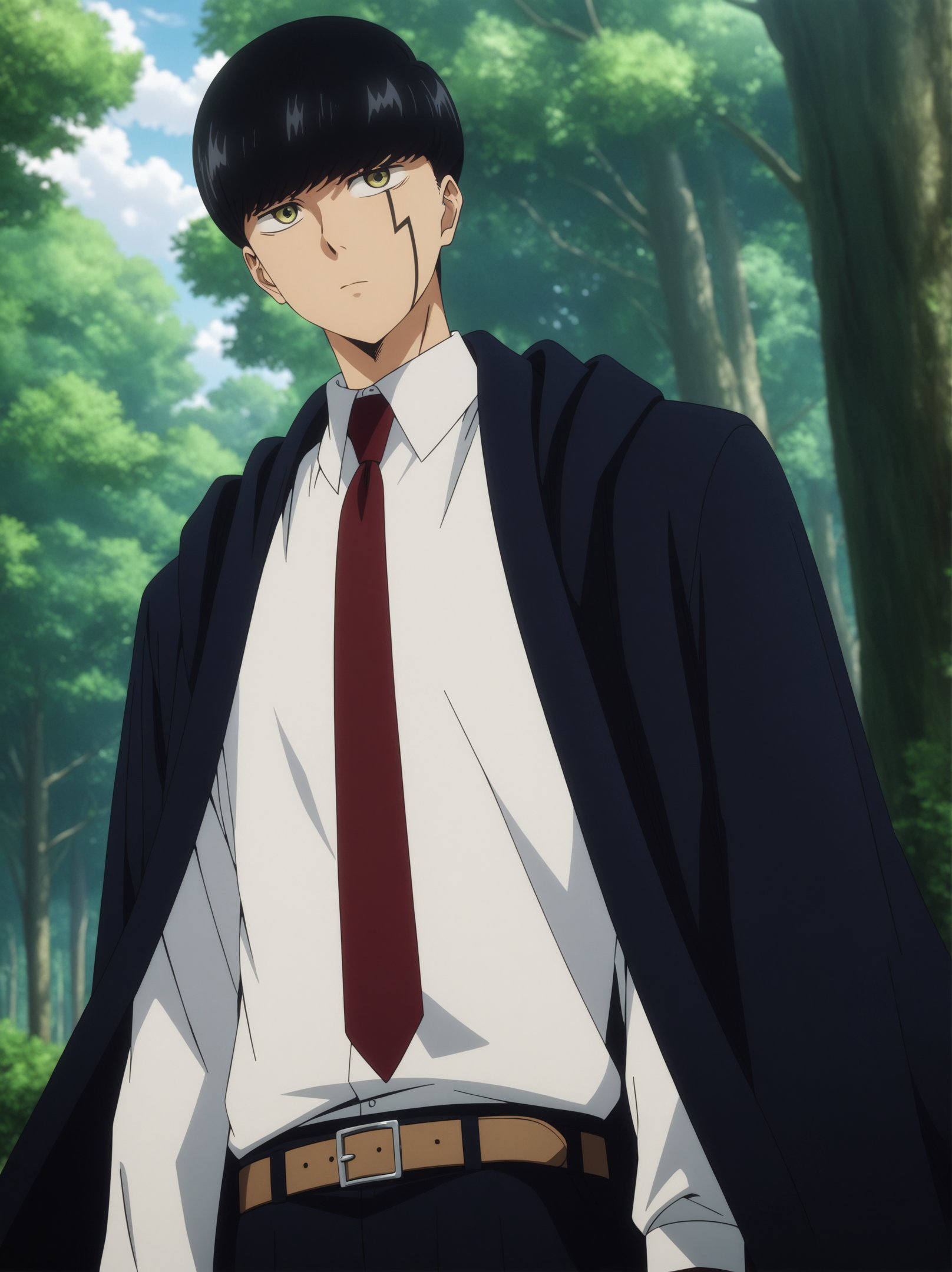 masterpiece, best quality, very aesthetic, ultra detailed, intricate details, 4k, anime style,mashleai, 1boy, solo, male focus, bangs, black hair, yellow eyes, bowl cut, facial tattoo, hair between eyes,shirt, long sleeves, white shirt, necktie, collared shirt, belt, pants, formal, suit, red necktie, cloak, black cloak, wide sleeves, mashle, mash burnedead, upper body, looking at viewer, forest, outdoors, tree, sunlight, cloudy, <lora:Mashle_XL:1>
