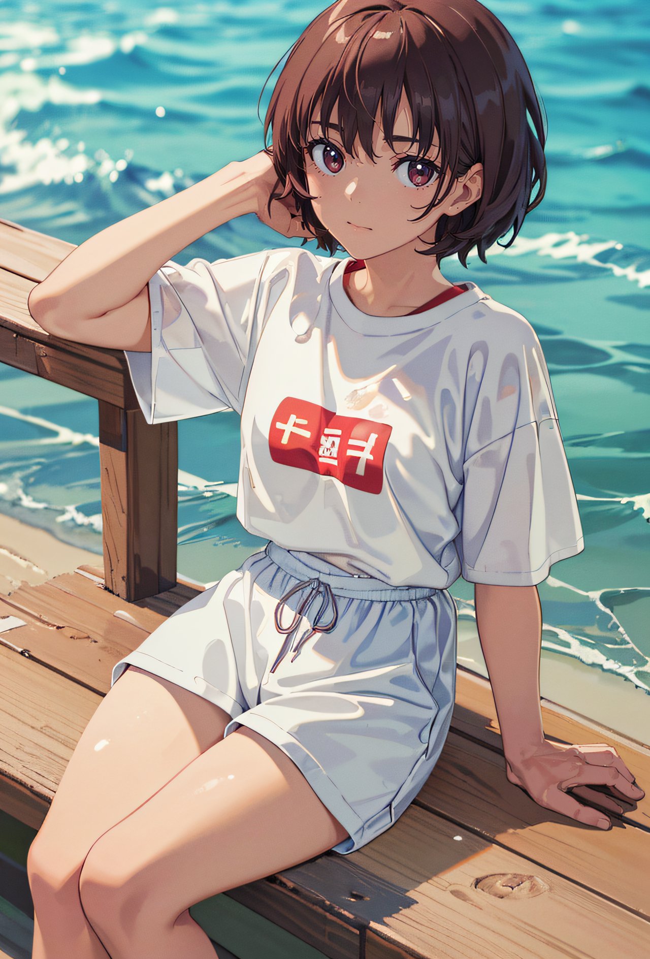 an upper body portrait of a girl as a lifeguard, sitting in the sun, sand, (white shirt), red shorts, (masterpiece, best quality, hires, high quality, by professional artist, ultra detailed, extremely detailed, absurdres, incredibly resolution:1.2), good hands, perfect hands, <lora:GoodHands-beta2:1>