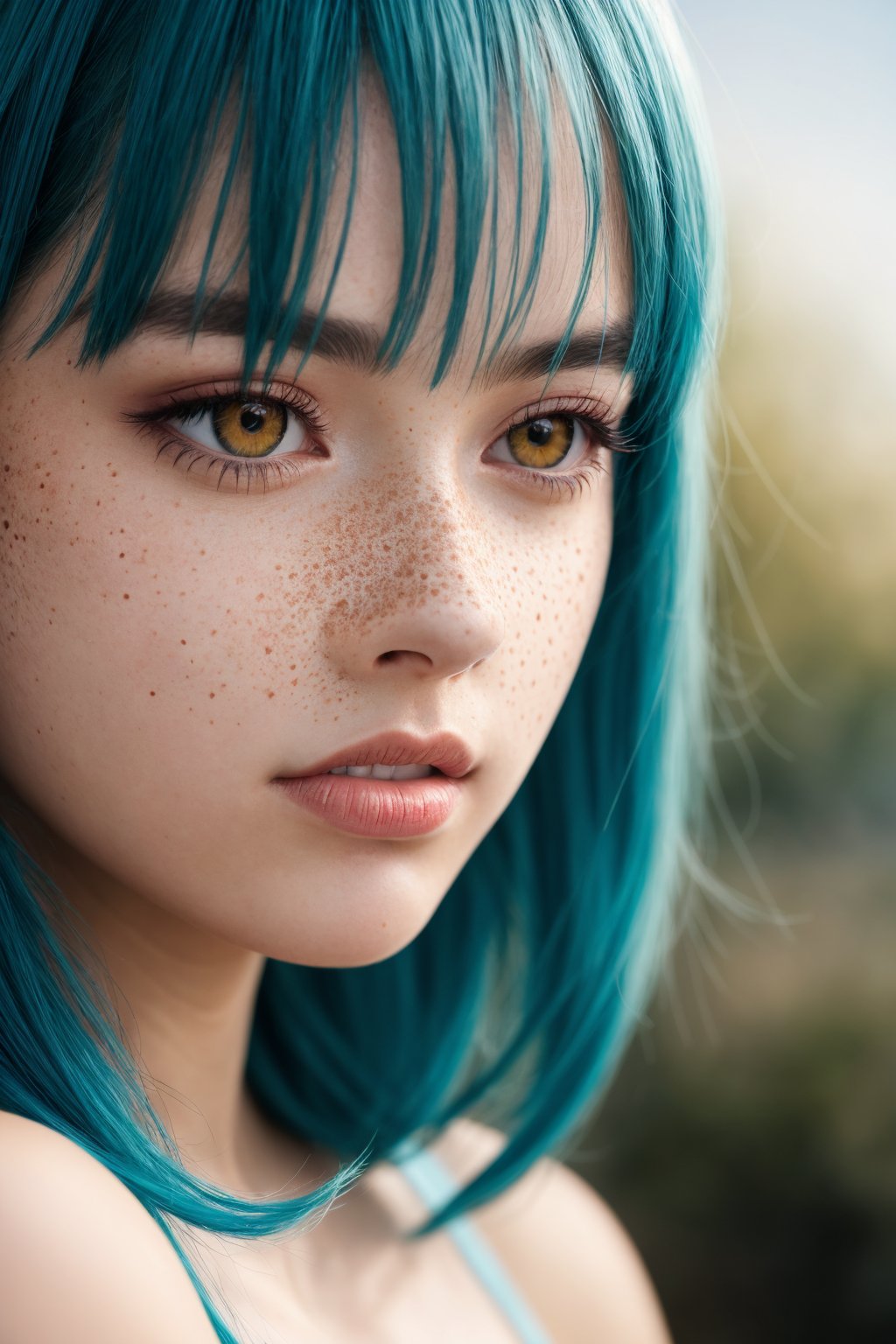 cinematic still anime artwork Medium format photo, (Young woman with cyan hair posing gently:1.2), Symmetrical balance, Soft features, Delicate freckles, (Subtle yellow eyeshadow:1.2), Creamy complexion, Nature-inspired beauty, (Authentic freckled skin:1.3), Captured with a Hasselblad X1D II 50C, 80mm f/1.9 lens, Ethereal light, Subdued tones . anime style, key visual, vibrant, studio anime, highly detailed . emotional, harmonious, vignette, highly detailed, high budget, bokeh, cinemascope, moody, epic, gorgeous, film grain, grainy