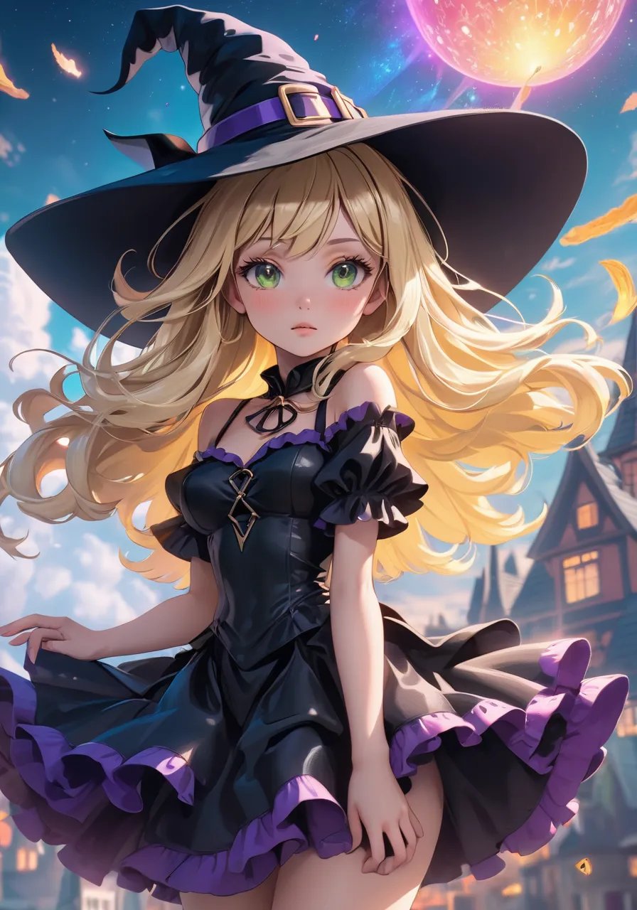 highres,best quality,natural, A psychedelic world spreads out below, Witch kawaii girl floating in the sky Wearing a witch hat Frilled fantasy costume Blonde straight hair,cinematic photo official art, 8k wallpaper,ultra detailed, aesthetic quality,photorealistic,entangle,dynamic angle,the most beautiful form of chaos,elegant,a brutalist designed,vivid colours,romanticism,atmospheric . 35mm photograph, film, bokeh, professional, 4k, highly detailed, skin detail realistic, ultra realistic,Perspective