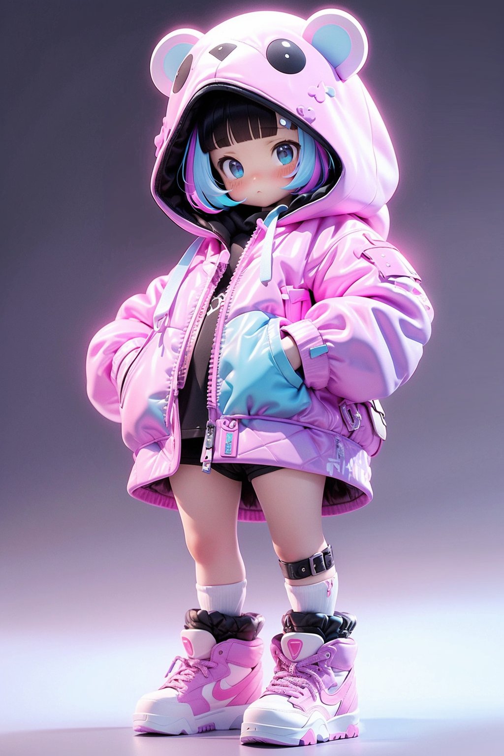 NJIP, 1girl, solo, gloves, bangs, multicolored clothes, full body, standing, boots, blunt bangs, short hair, pink footwear, blue eyes, hood, looking at viewer, hood up, Colorful doodles, bear hats, cool girl