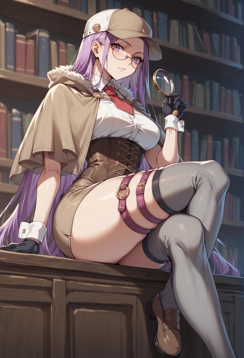 1girl, purple hair, absurdly long hair, purple eyes, baseball cap, capelet, gloves, wrist cuffs, white shirt, red necktie, corset, brown skirt, grey thighhighs, brown footwear , glasses, thigh strap, sitting, library, holding magnifying glass, <lora:Meduseless:1>, score_9, score_8_up, score_7_up, score_6_up, score_5_up, score_4_up, (m-da s-tarou:0), masterpiece