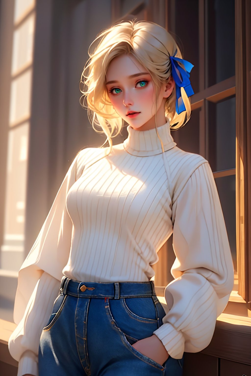 ultra detailed, sharp focus, best quality, masterpiece, colorful, 1girl, <lora:NSLiechtensteinHetalia:0.9> NSLiechHetalia, green eyes, blonde hair, white white turtleneck, jeans, hair ribbon, cowboy shot, best quality, masterpiece, intricate details