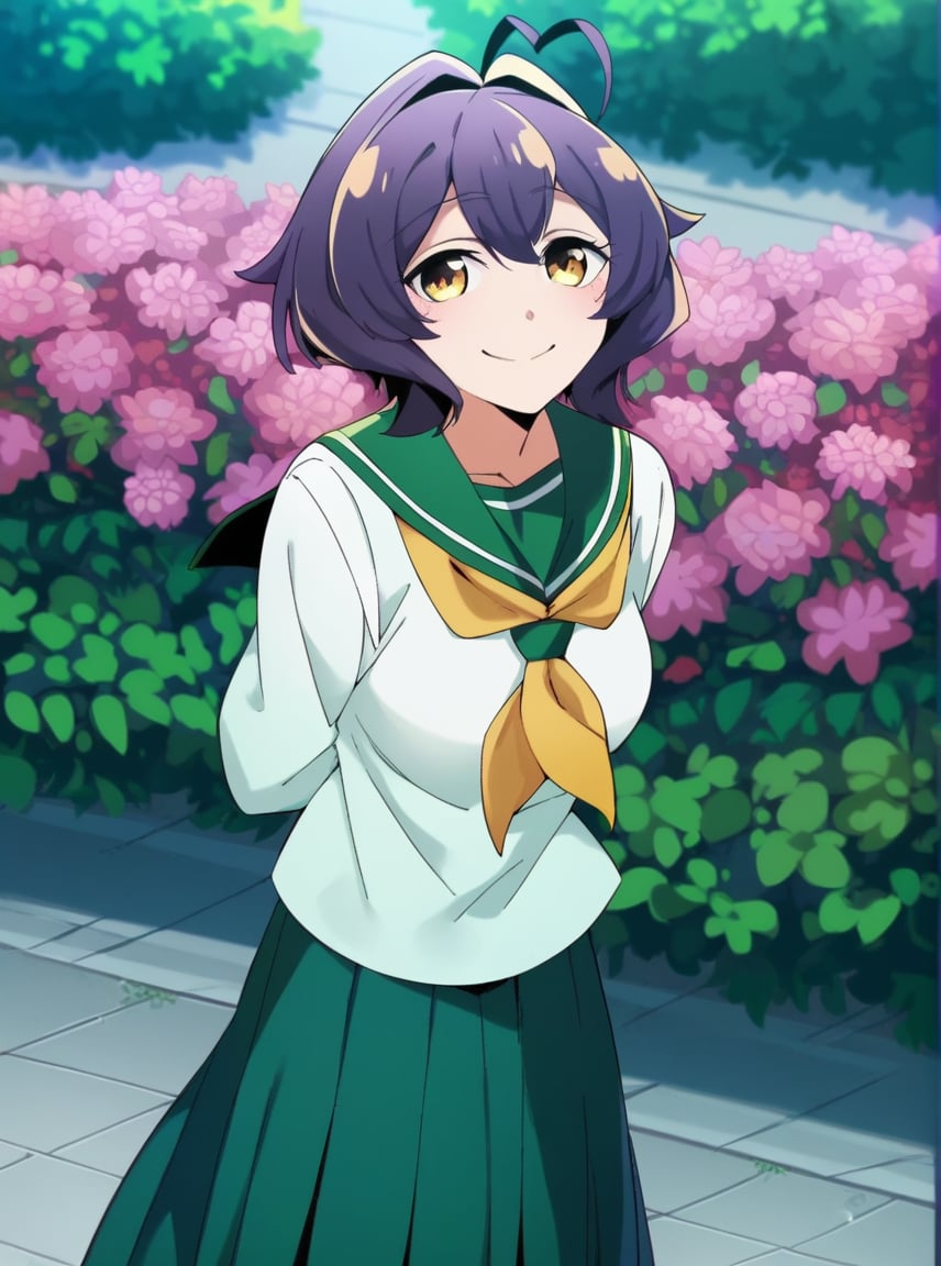 score_4, score_5, score_6, score_9, score_8_up, score_7_up, solo,  utenaxl, short hair, purple hair, ahoge, yellow eyes, green serafuku, white shirt, long sleeves, pleated skirt, green skirt, long skirt,  yellow neckerchief,  school uniform, standing, cowboy shot, looking at viewer, arms behind back, outdoors, street, flowers, smile, <lora:utenaxl-10:1>