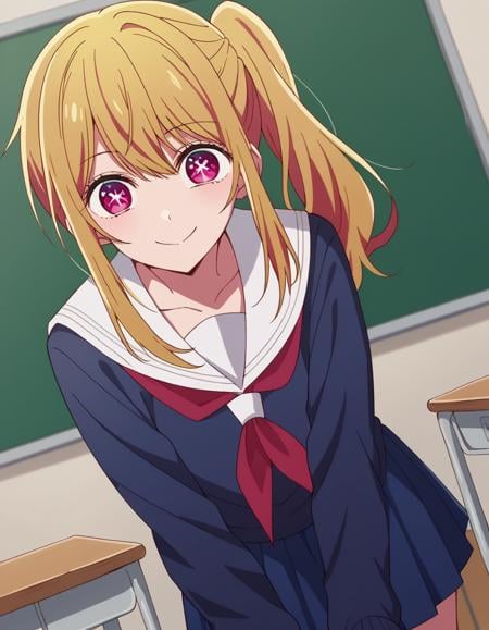 score_9, score_8_up, score_7_up, source_anime,rubyhoshino, <lora:ruby-hoshino-s1-ponyxl-lora-nochekaiser:1>,ruby hoshino, long hair, bangs, blonde hair, pink eyes, sidelocks, symbol-shaped pupils, multicolored hair, two-tone hair,side ponytail, long sleeves, school uniform, serafuku, sailor collar, neckerchief, cardigan, red neckerchief, white sailor collar, skirt, blue skirt,indoors, classroom, bent over, smile,looking at viewer, cowboy shot, dutch angle, solo,