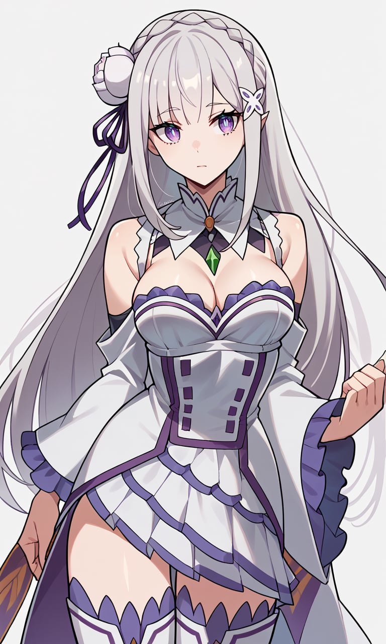 score_9, score_8_up, score_7_up, score_6_up, best quality, highres, ultra-detailed, Emilia, grey_hair, upper_body, lower_body, standing,  large_breasts, cleavage, very_long_hair, white_thigh_boots, purple eyes, blue pupils, ringed eyes, x hair ornament, hair flower,  <lora:Emilia-XL-V7-000002:1>