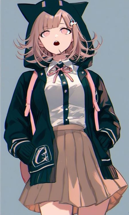 <lora:PONY_character_nanami_chiaki:1>,high quality,nanami chiaki, 1girl, hood, skirt, solo, shirt, neck ribbon, jacket, pleated skirt, hood up, ribbon, backpack, bag, pink ribbon, brown skirt, shirt tucked in, breasts, black shirt, simple background, black jacket, white background, teeth, open clothes, cowboy shot, hooded jacket, looking at viewer, white shirt, dress shirt, two-tone shirt, hands in pockets, collared shirt, pink bag, miniskirt, open mouth, long sleeves, upper teeth only, brown hair, open jacket, animal bag, animal hood, :o, large breasts, hair ornament, cat bag, animal ears, fake animal ears, flipped hair, grey shirt, score_9, score_8_up, score_7_up, score_6_up, score_5_up, score_4_up, just describe what you want, tag1, tag2