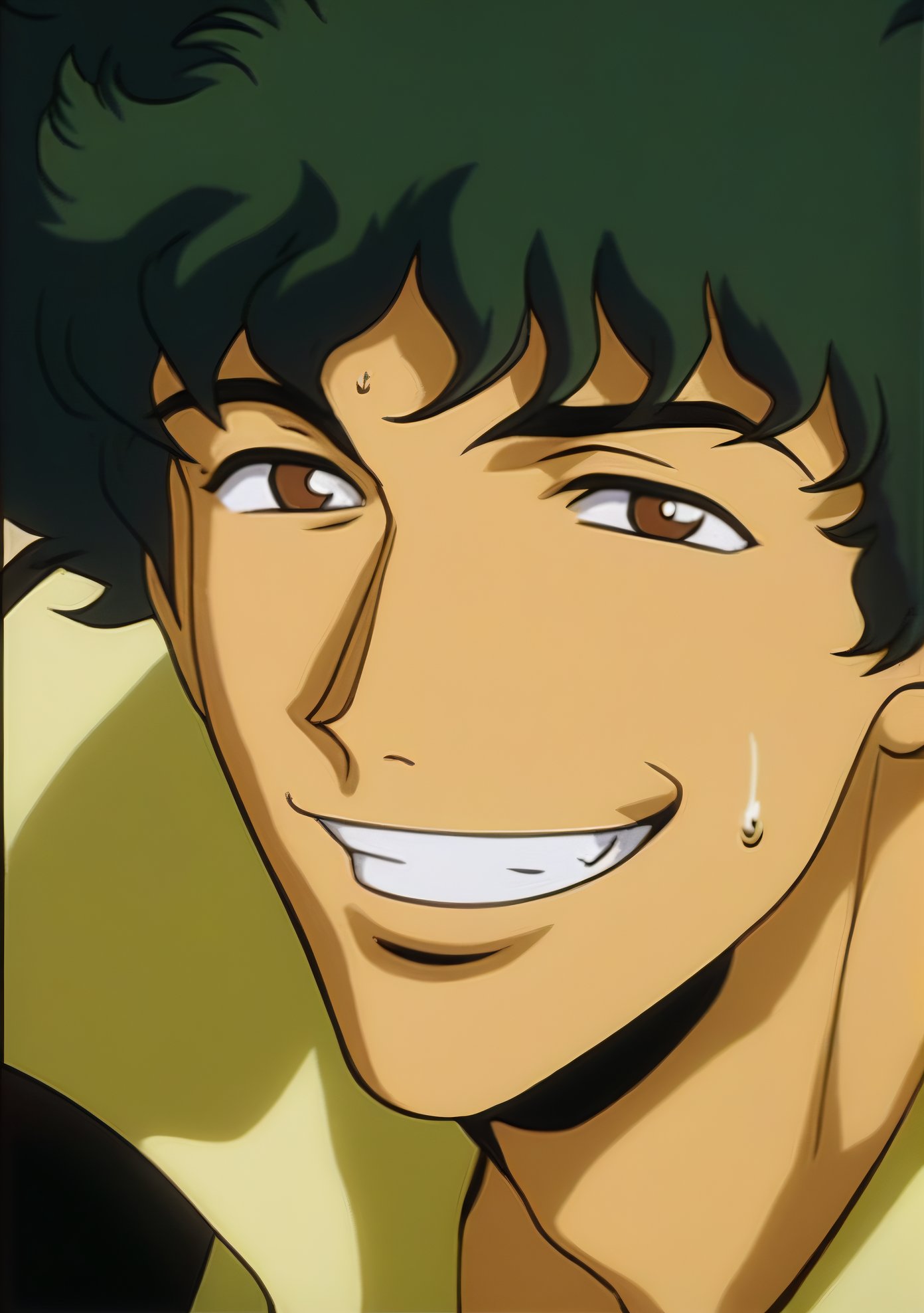 Spike Spiegel,brown eyes solo,smile,simple background,black hair,1boy,brown eyes,male focus,sweat,green hair,grin,portrait,close-up,retro artstyle,1990s (style),masterpiece,oldest  <lora:Spike:0.7>