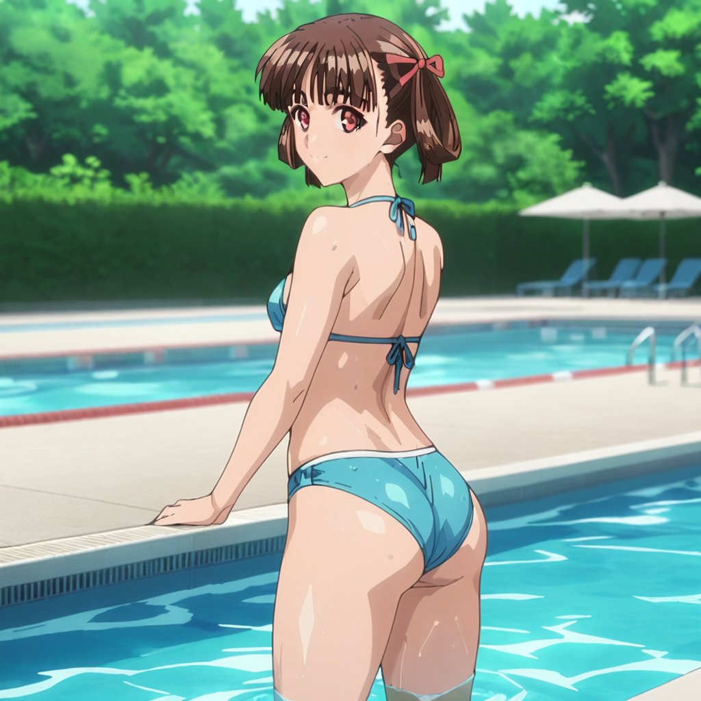 soratani natsuki, red eyes, brown hair, hair rings,1girl, solo, pool, swimsuit, solo, water, bikini, ass, looking back, wet, smile, outdoors, day, looking at viewer, standing,masterpiece, perfect face, best quality, beautiful girl, blurry background, cute girl, beautiful eyes, shiny eyes, anime coloring, anime screencap, absurdres,<lora:soratani natsuki anim:0.8>