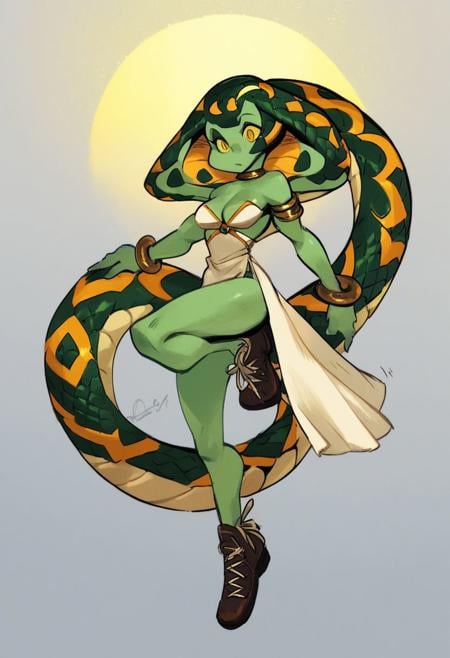 score_9, score_8_up, score_7_up, score_6_up, score_5_up, score_4_up,1girl, jewelry, breasts, cleavage, armlet, art tools in frame, bracelet, colored skin, crescent, cross-laced footwear, dress, full body, green skin, leg up, monster girl, neck ring, snake, snake hair, sun symbol, tunic, white dress, yellow eyes