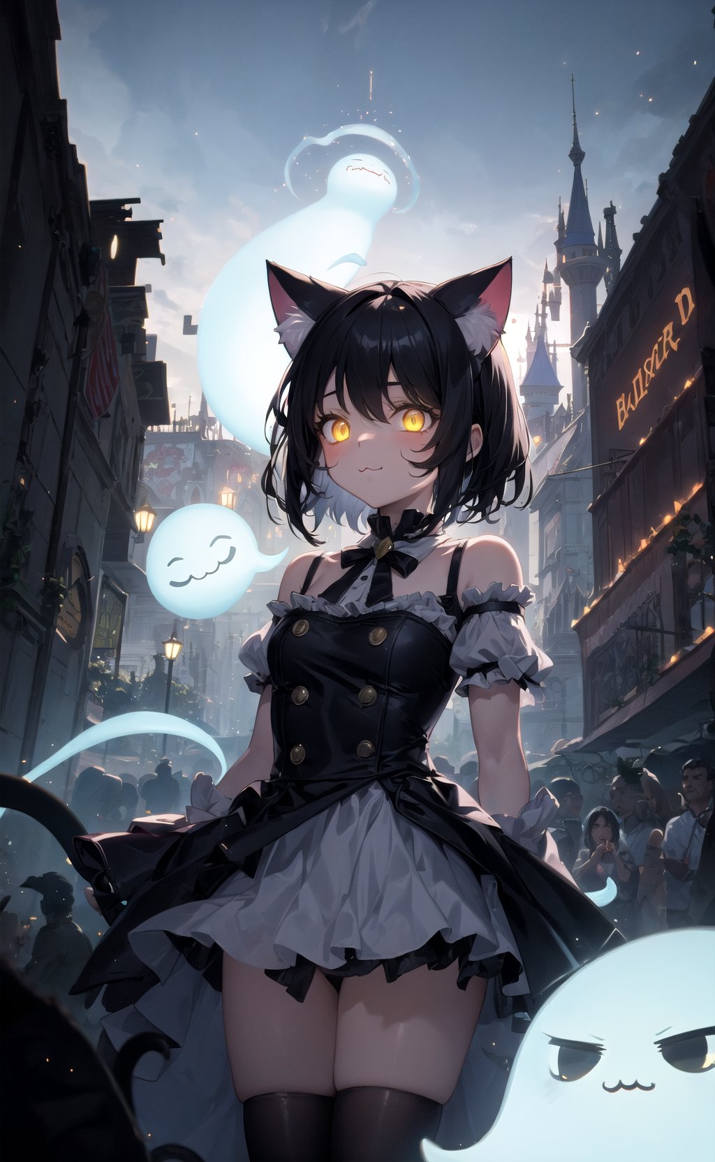 masterpiece, best quality, 1girl, theme park, ghosts, glowing, :3, cat ears, black hair, glowing, yellow eyes,