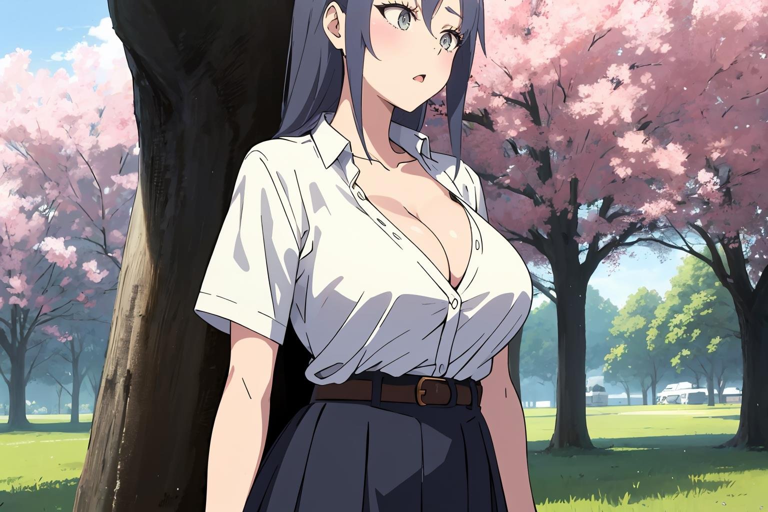 1girl, breasts, solo, headless, cleavage, skirt, arm behind back, tree, large breasts, shirt, outdoors, belt, collarbone, white shirt, short sleeves, black belt, grey skirt, pink underwear, skirt lift, <lora:Platinum_Anime_Hentai_CG_Helper_R1:0.8>