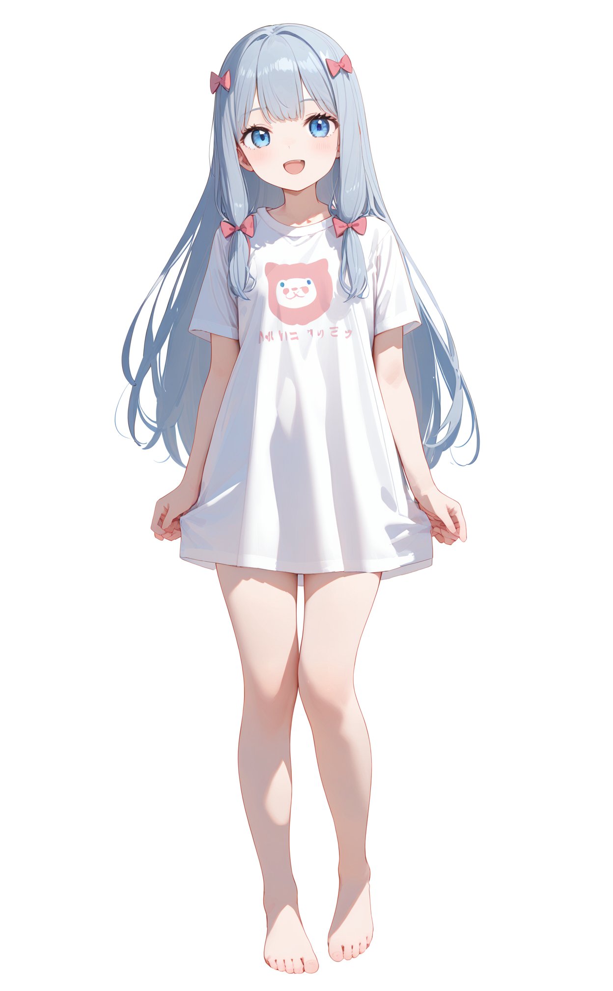 masterpiece, bestquality, Izumi Sagiri, 1girl, solo, long hair, looking at viewer, smile, open mouth, blue eyes, shirt, bow, blue hair, standing, full body, white shirt, short sleeves, hair bow, grey hair, barefoot, pink bow, t-shirt,