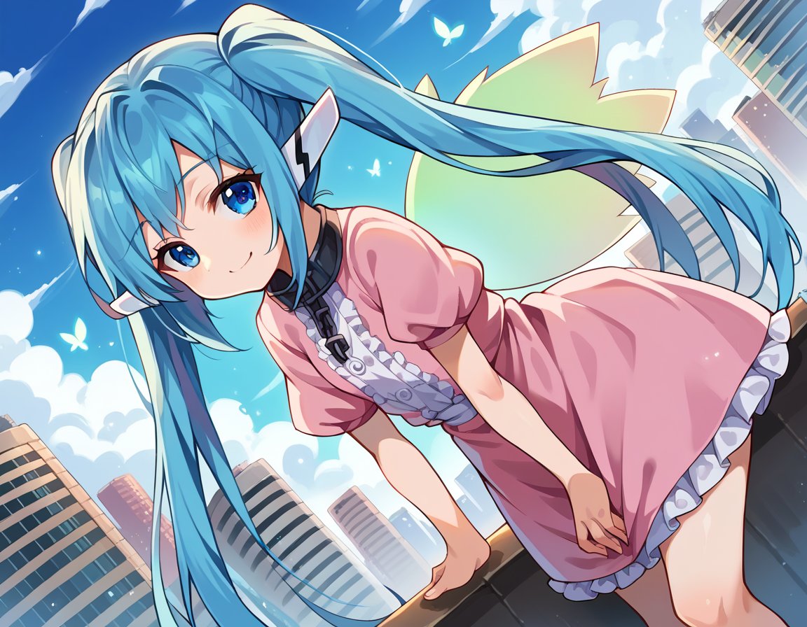 score_9, score_8_up, score_7_up, source_anime,otoshimononymph, <lora:otoshimono-nymph-ponyxl-lora-nochekaiser:1>,nymph, blue eyes, blue hair, long hair, long twintails, robot ears, twintails, two side up, wings,dress, pink dress, frilled dress, short sleeves,outdoors, cityscape, smile, bent over,looking at viewer, cowboy shot, dutch angle, solo,