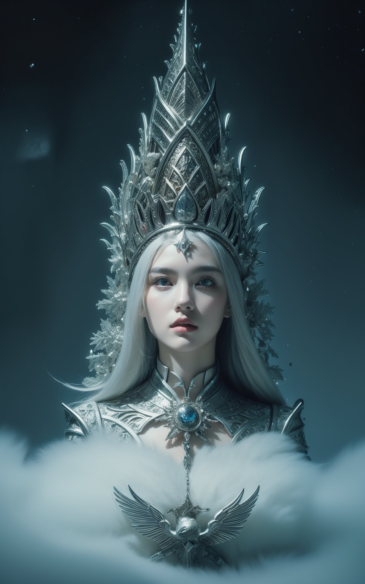 (masterpiece, top quality, best quality, official art, beautiful and aesthetic:1.2) ,cover art, surrealist art Neogothic Art Accomplished "Winter's Crest in Whitestone ", dreamlike, mysterious, provocative, symbolic, intricate, detailed