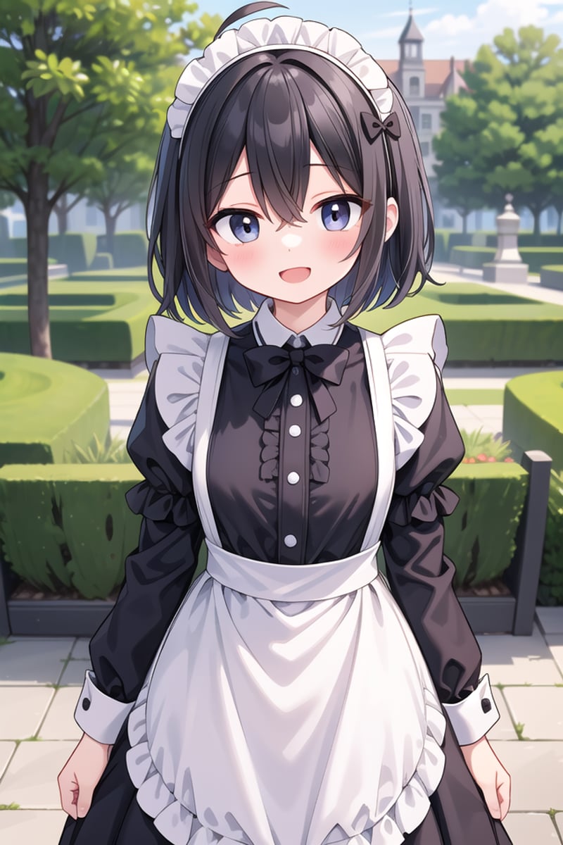 insanely detailed, absurdres, ultra-highres, ultra-detailed, best quality,1girl, solo, nice hands, perfect handsBREAK(cleavage:-1.5),(traditional maid:1.2),apron, blush, bow, bowtie, frilled apron, frills, long sleeves, maid, maid apron, maid headdress, waist apron, white apron,(maid costume, maid hair dress:1.3), long skirtBREAKhappy smile, laugh, open mouthBREAKstanding, cowboy shot, looking at viewerBREAKslender, kawaii, perfect symmetrical face, ultra cute girl, ultra cute face, ultra detailed eyes, ultra detailed hair, ultra cute, ultra beautifulBREAKfantasy world, garden of a castle, depth of field, ultra detailed backgroundBREAKmedium breastsBREAKblack brown hair, black eyes, short bob cut, hair between eyes, ahoge