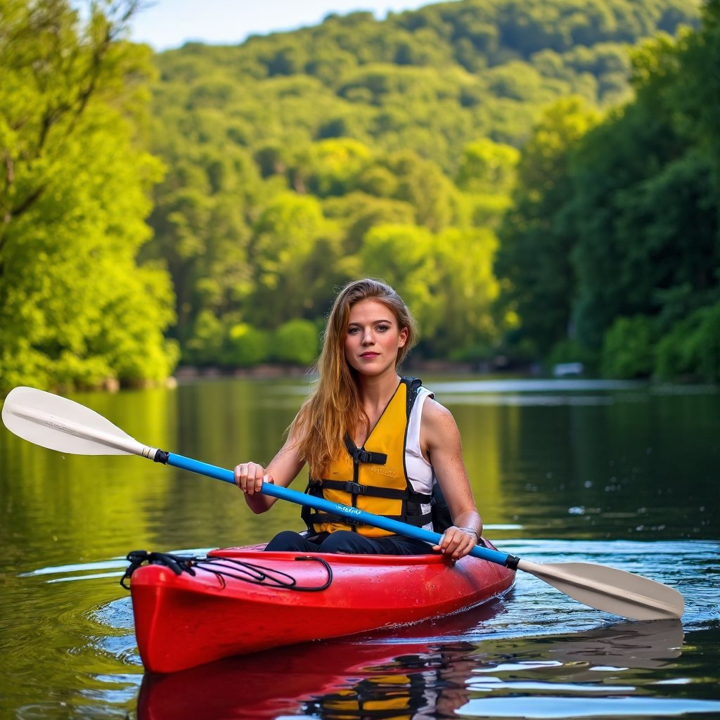 A vivid outdoor portrait of rose_leslie paddling a red kayak on a calm lake. She wears a white sleeveless top and a life vest, and her blonde hair flows freely. The kayak is equipped with a white paddle and a blue oar. The lake's surface reflects the surrounding trees and foliage, creating a mirror-like effect. The background is a lush green forest, illuminated by the soft glow of the setting sun. The image conveys a sense of serenity and leisure, with the woman enjoying the peaceful nature.