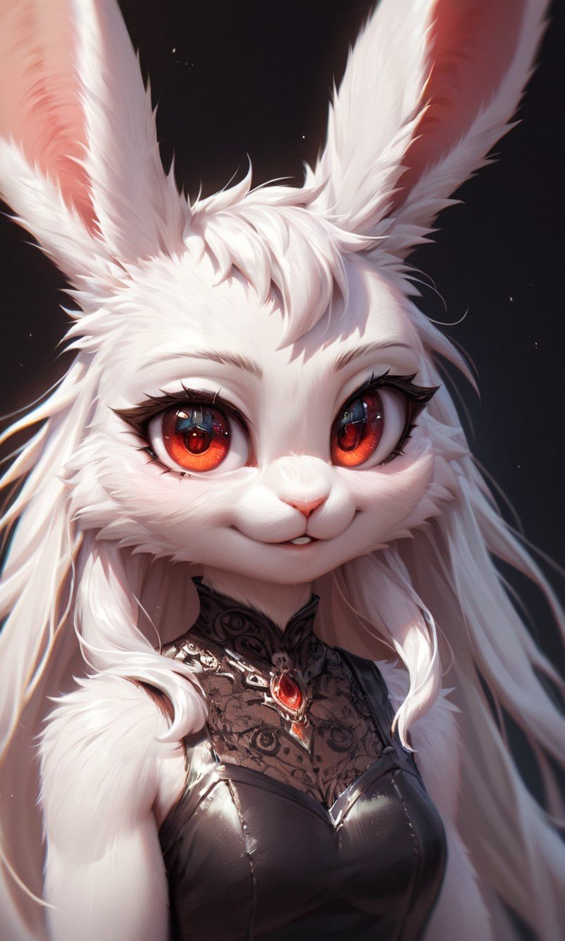 score_9, score_8_up, score_7_up, score_6_up, score_5_up, score_4_up, source_furry,BREAK,detailed face eyes and fur, 1girl, solo, rabbit girl, clothed, body fur, white rabbit, white fur, detailed fluffy fur, looking at viewer, red eyes, black dress, upper body