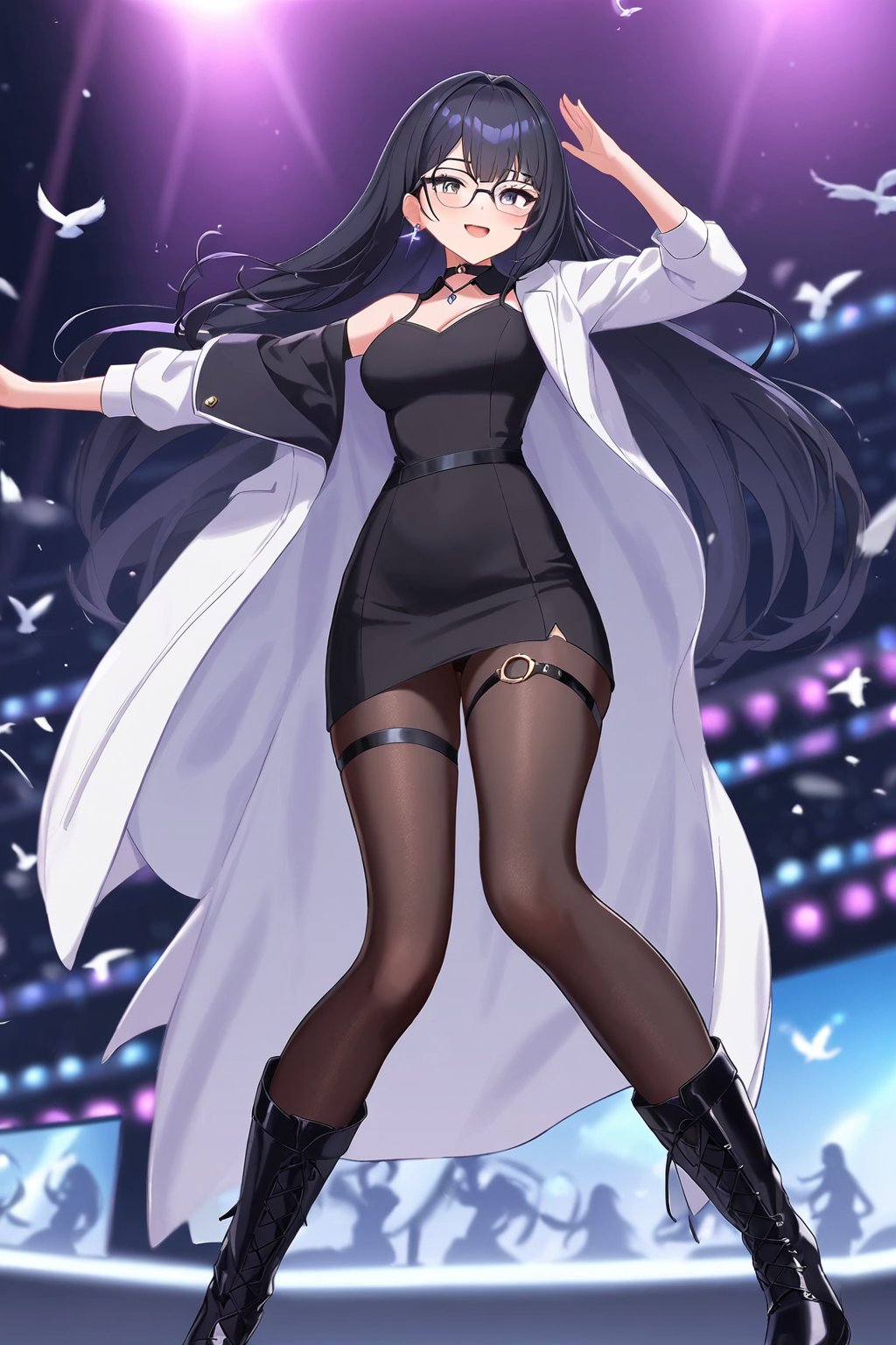 sinuo,1girl,long white coat,long hair,boots,(black shirt:1.2),glasses,looking at viewer,black-framed eyewear,jewelry,thigh strap,black pantyhose,earrings,smile,choker,bare shoulders,black hair,masterpiece,best quality,(pencil_dress:1.1),(collared_dress:1.2),stage,stage lights,birds,blurry background,blurry foreground,open clothes,from below,dancing,hands up,:o,<lora:zhijiang-sinuo-000004:0.5>,