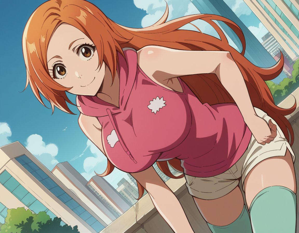 score_9, score_8_up, score_7_up, source_anime,inoueorihime, <lora:inoue-orihime-tybw-ponyxl-lora-nochekaiser:1>,inoue orihime, long hair, orange hair, brown eyes,thighhighs, shorts, sleeveless, hood, hoodie, pink hoodie,outdoors, cityscape, bent over, smile,looking at viewer, cowboy shot, dutch angle, solo,